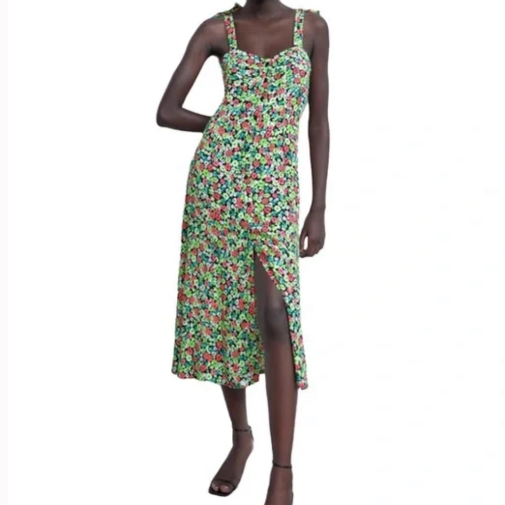 Zara woman’s floral button front tie shoulder sun dress